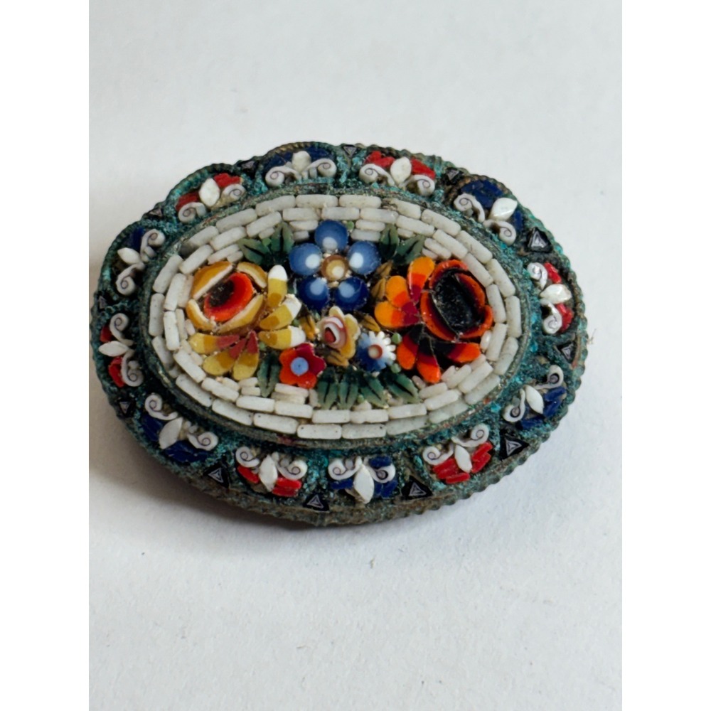 Vintage Brass Micro Mosaic Floral Brooch Pin Made in Italy Multi-Color Glass